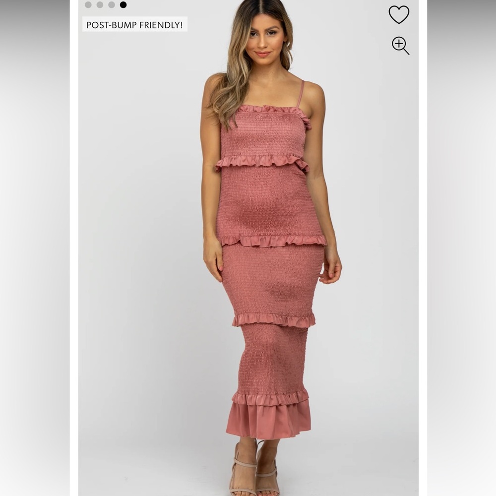 PinkBlush | Mauve Satin Smocked Fitted Maternity Midi Dress